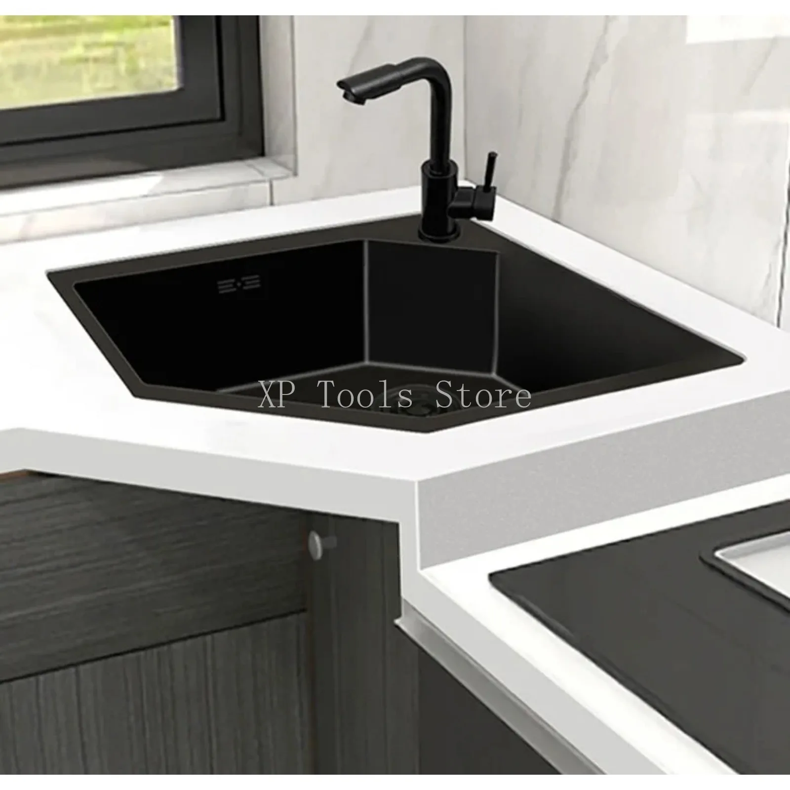 อ่างล้างมุมทำมือนาโนเหล็กสีทอง อ่างล้างมุมในครัว อ่างล้างจานรูปทรงไม่สม่ำเสมอ 1