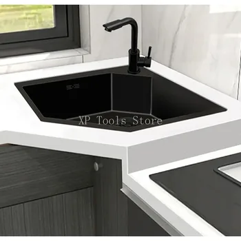 อ่างล้างมุมทำมือนาโนเหล็กสีทอง อ่างล้างมุมในครัว อ่างล้างจานรูปทรงไม่สม่ำเสมอ 1