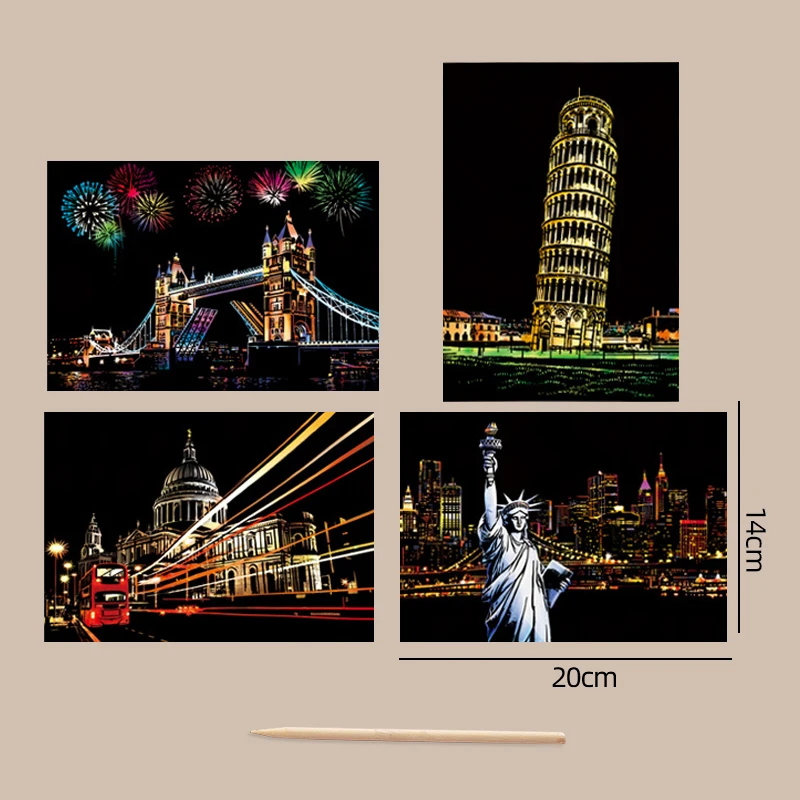 4PCS Scratch Art Paper World Landmarks Animals Painting Toy with Stylus Stress Relief Drawing Kids Adult Gift Glow in Dark Craft