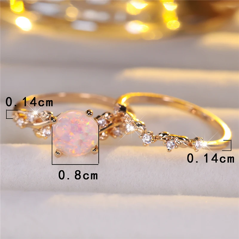 Cute Female White Fire Opal Round Leaf Engagement Ring Set Cute Silver Color Wedding Jewelry For Women
