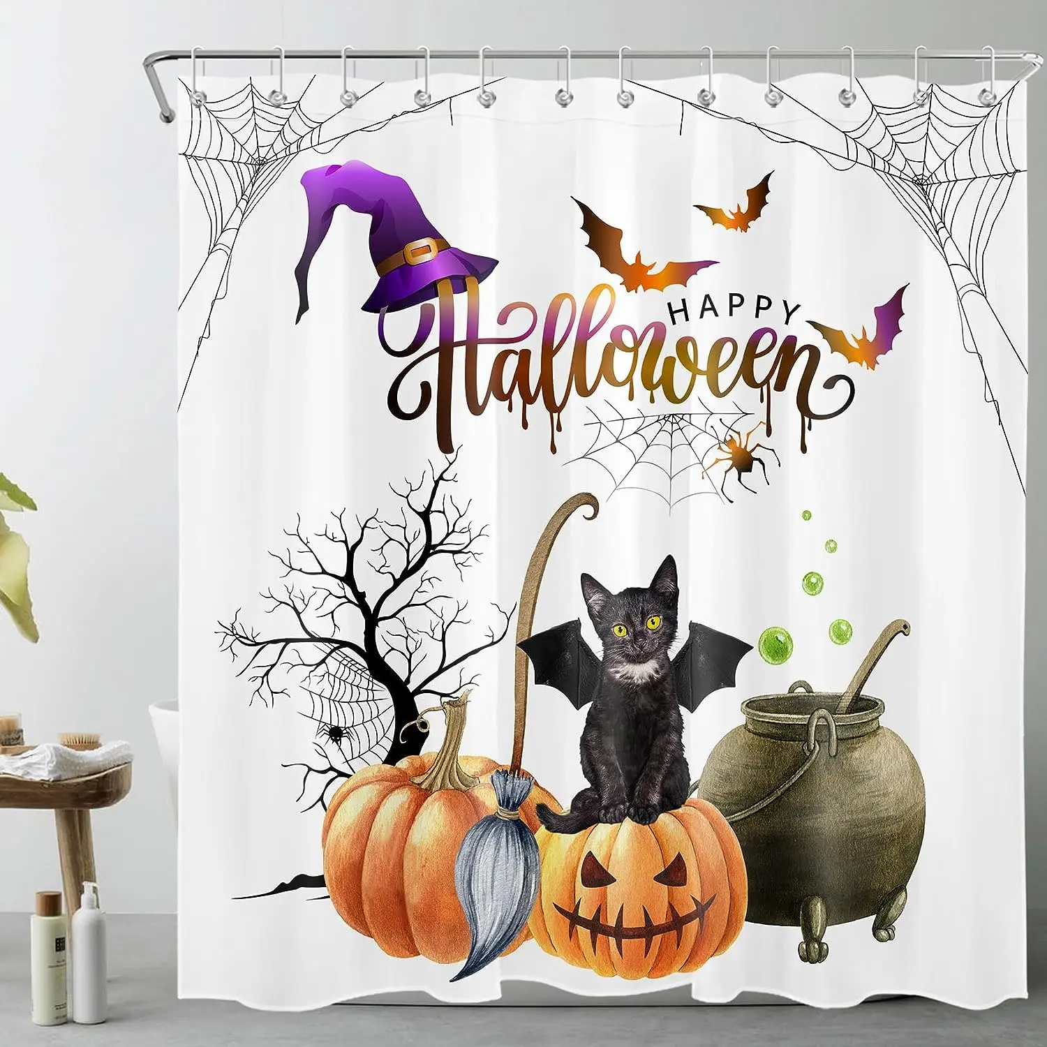 

Ужасная занавеска для душа на Хэллоуин, черная кошка на тыкве, мертвое дерево, ведьма, фиолетовая летучая мышь, паук, паутина, занавески для ванной комнаты, набор для декора