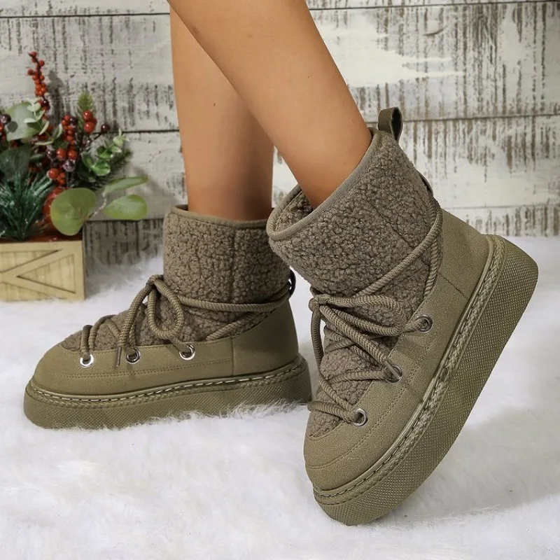 Women's Thick-soled Cross-strap Snow Boots Women Winter Round Toe Flock Plush Warm Mid Heel Water Proof Casual Warm Snow Boots