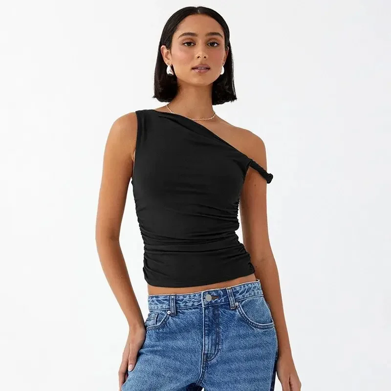 New Women's One Shoulder Slanted Collar Pleated Asymmetrical Sexy Sleeveless T-Shirt Summer Slim Y2K Fashion Solid Color Vest