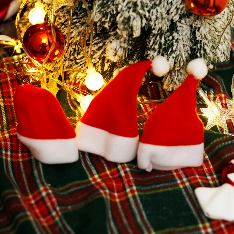 Christmas Red Mini Santa Hat Velvet Fabric Wine Bottle Holder Xmas Party Kitchen Dinner Table Tree Ornament DIY Decor 5pcs christmas beanie hat