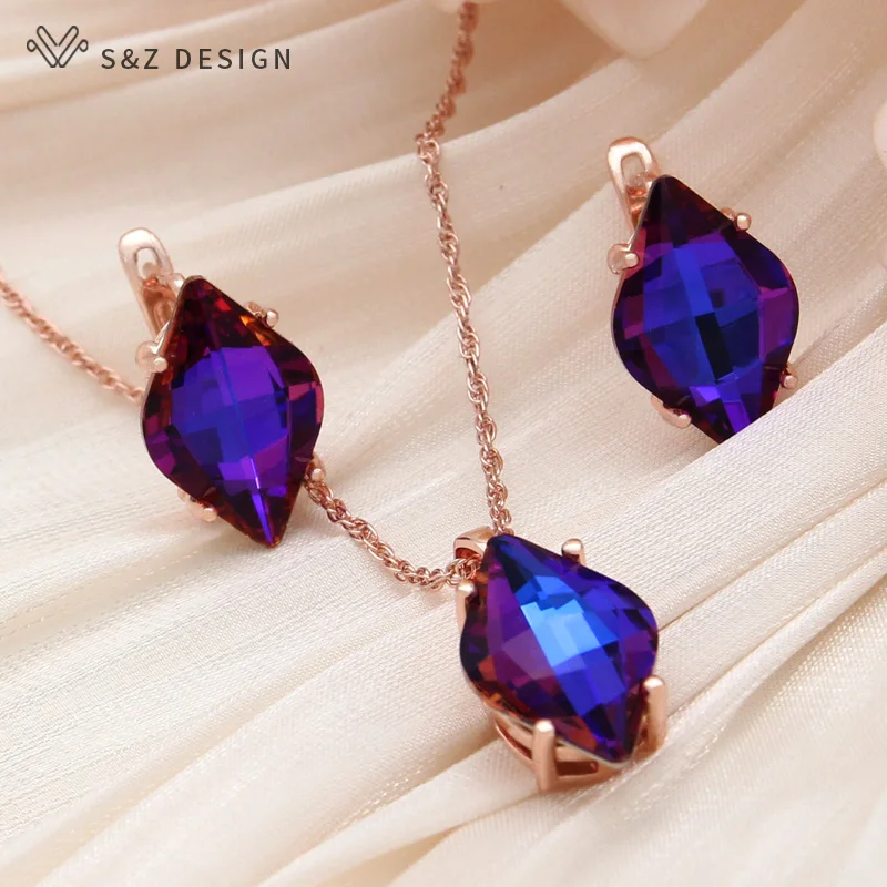 S&Z DESIGN New Fashion Luxury Prismatic Crystal Dangle Earrings  For Women Wedding 585 Rose Gold Color Eardrop Jewelry Gift