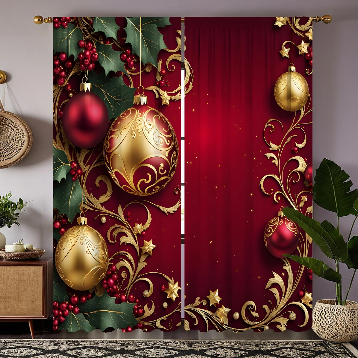 2pcs HD Christmas drop ball Holly berry decorative curtain Red green tie digital printed curtain Home decoration style decora 2