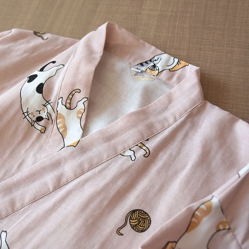 Women's Robe Cotton Robe Japanese Kimono Seven-Sleeve Pajamas Loose Cartoon Cat Print night-robe women Pajamas Bathrobe