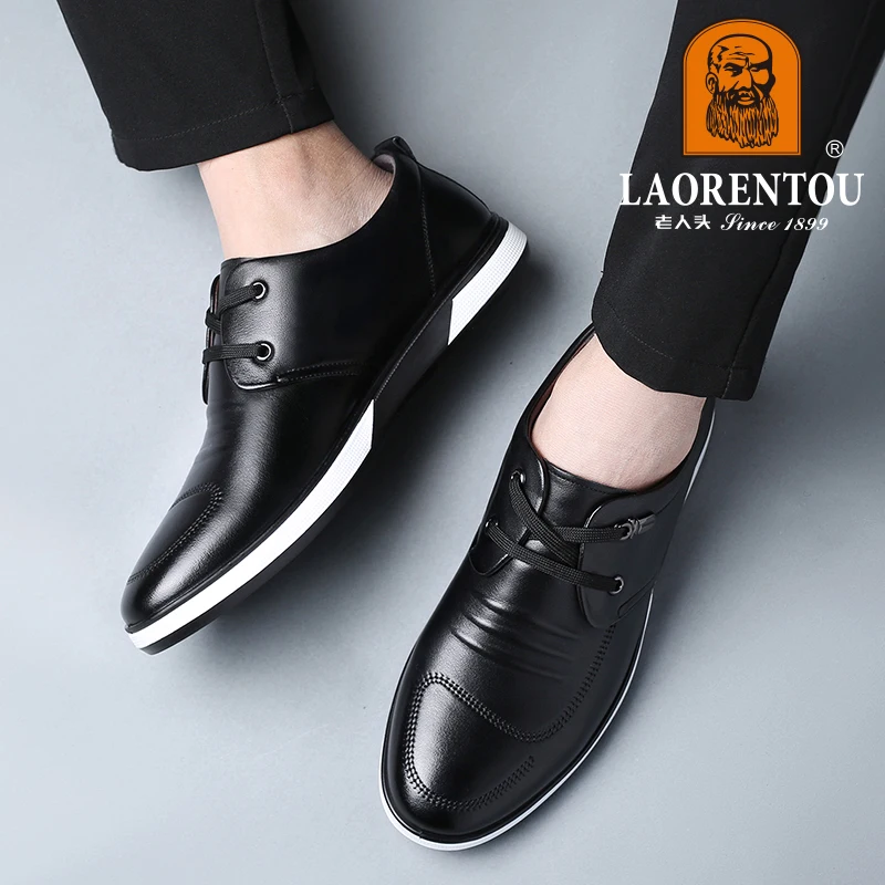 LAORENTOU genuine leather breathable casual small white shoes for men's Korean version cowhide soft sole white driving shoes 3