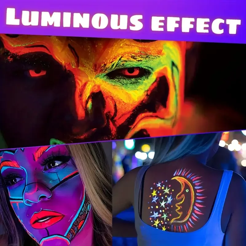 6Color UV Face Body Paint Set Washable Neon Fluorescent Body Paint Cosmetics, Glow in the Dark, Black Light Party Costume Makeup