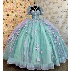 Lorencia Mint Blue Quinceanera Dresses 2024 Half Sleeve Ball Gown Appliques Beading Sweet 16 15 Dress Vestidos De Fiesta YQD239
