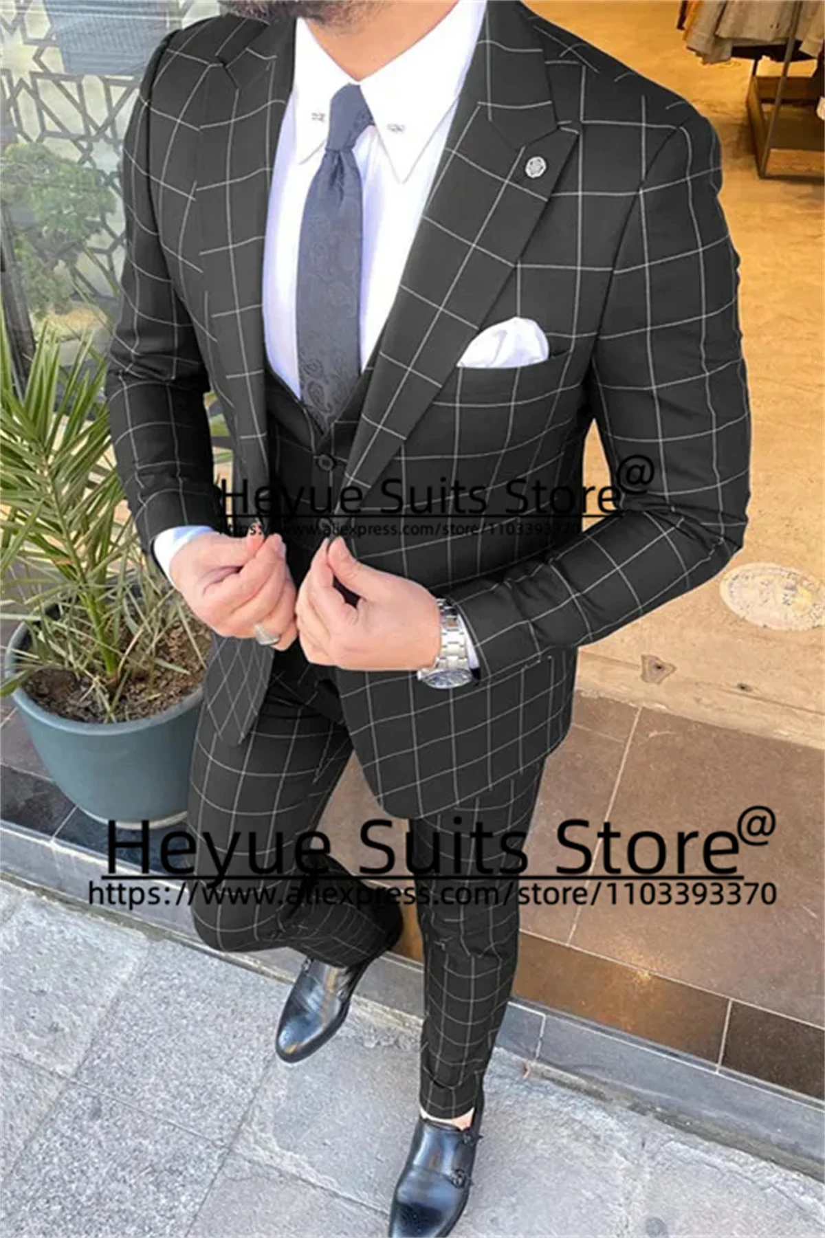 White Plaid Formal Men Suits Slim Fit Peak Lapel Groom Wedding Tuxedos 3 Pieces Sets Custome （xs——6xl）Male Blazer Costume Homme