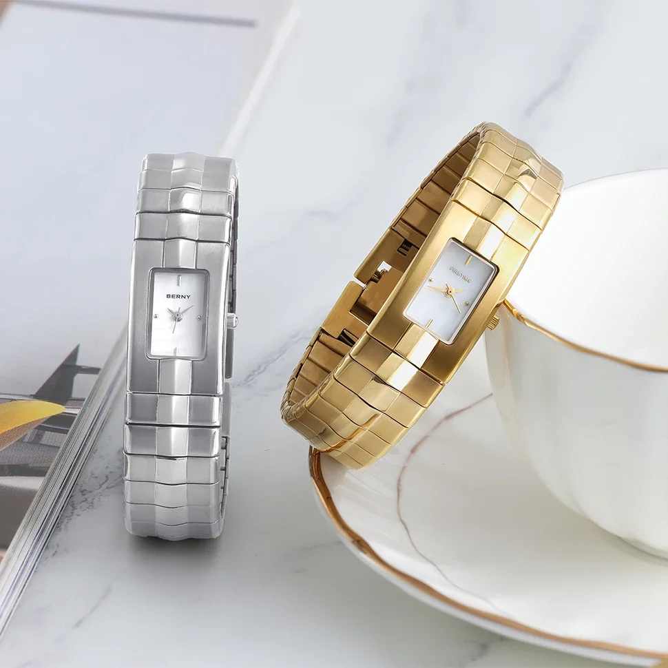 Berny Women Rectangle Watch Titanium Ladies Quartz Wristwatch Miyota 5Y20 Calendar Gold Tone Easy Lightweight Waterproof Watch