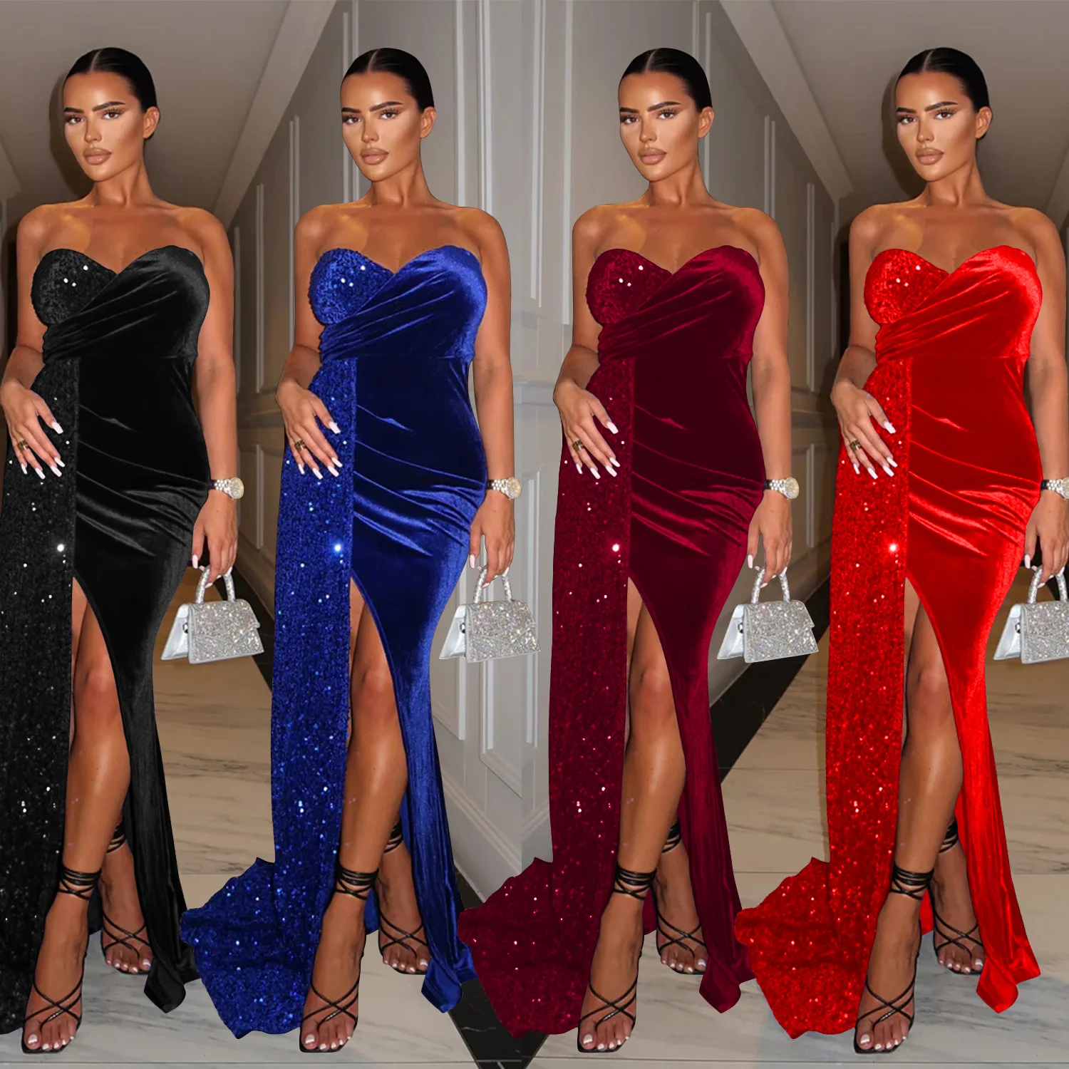 

Women Elegant Chest Warpping Sleeveless Sequined Ruffles Slim Sexy Split Evening Party Long Dress