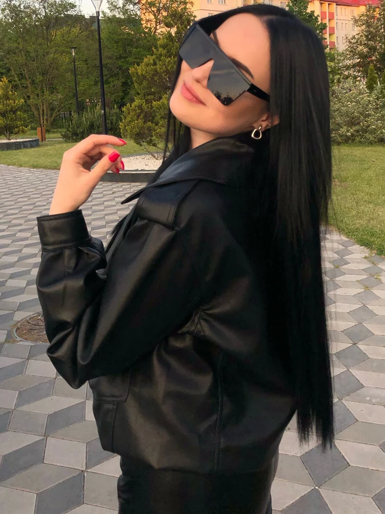 Ailegogo 하이 스트리트 여성 라펠 느슨한 Pu 인조 가죽 짧은 재킷, 봄 가을 여성 빅 포켓 벨트 코트 모토 바이커 아웃웨어