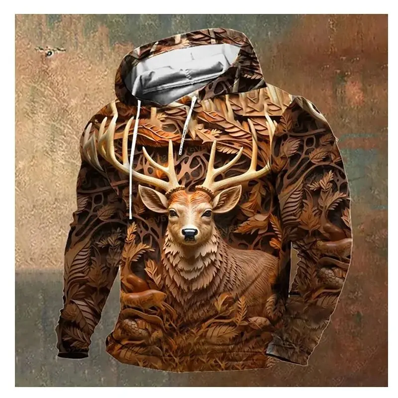 

Men's Retro Western 3D Deer Print Hooded Sweatshirt Fashion Street Sportshirt Spring Long Sleeve Tops Oversized Vintage Hoodies