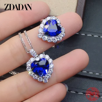 925 Sterling Silver Heart Blue Crystal Necklace Ring Set For Women Wedding Jewelry Gift