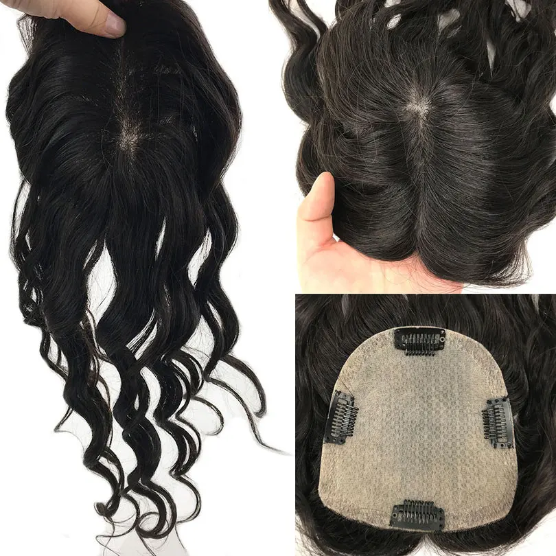 

Curly Human Hair Toppers European Virgin Hair Silk Base Clip in Topper For Women with Thinning Hair Cover Gray Hair