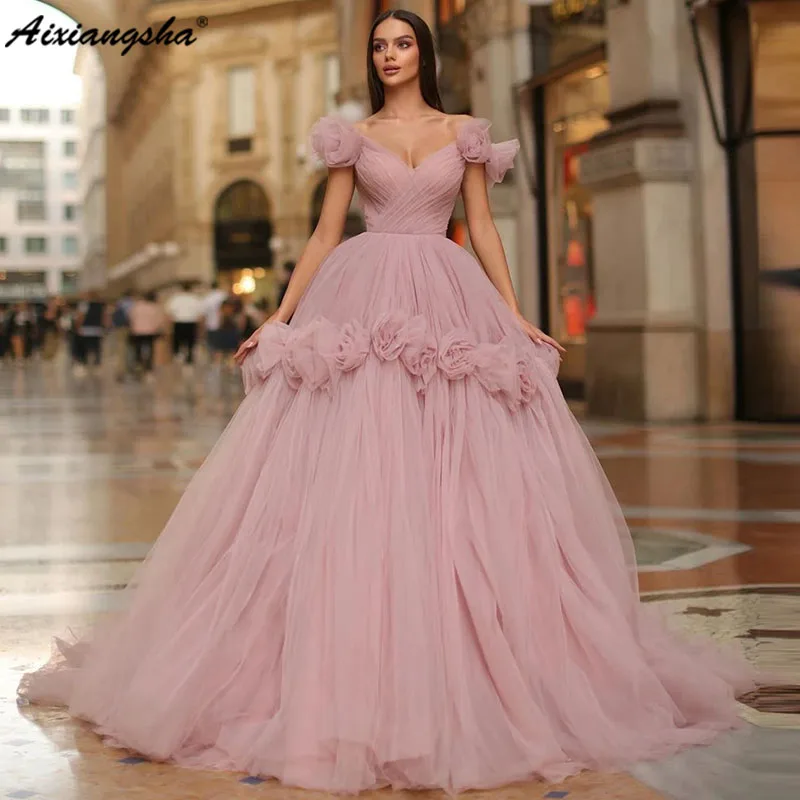 

Aixiangsha Elegant Pink 3D Flowers Tulle Prom Dresses V-Neck Off the Shoulder A-Line Evening Gowns Formal Party Dress 2023Custom