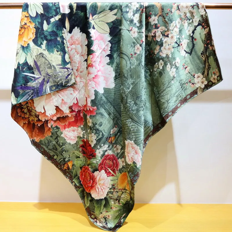 

Fashion Flower double sided Print Mulberry Silk Summer Shawl Bandanna Pashmina 110CM Foulard Hijab Women Scarves Echarpe Wrap
