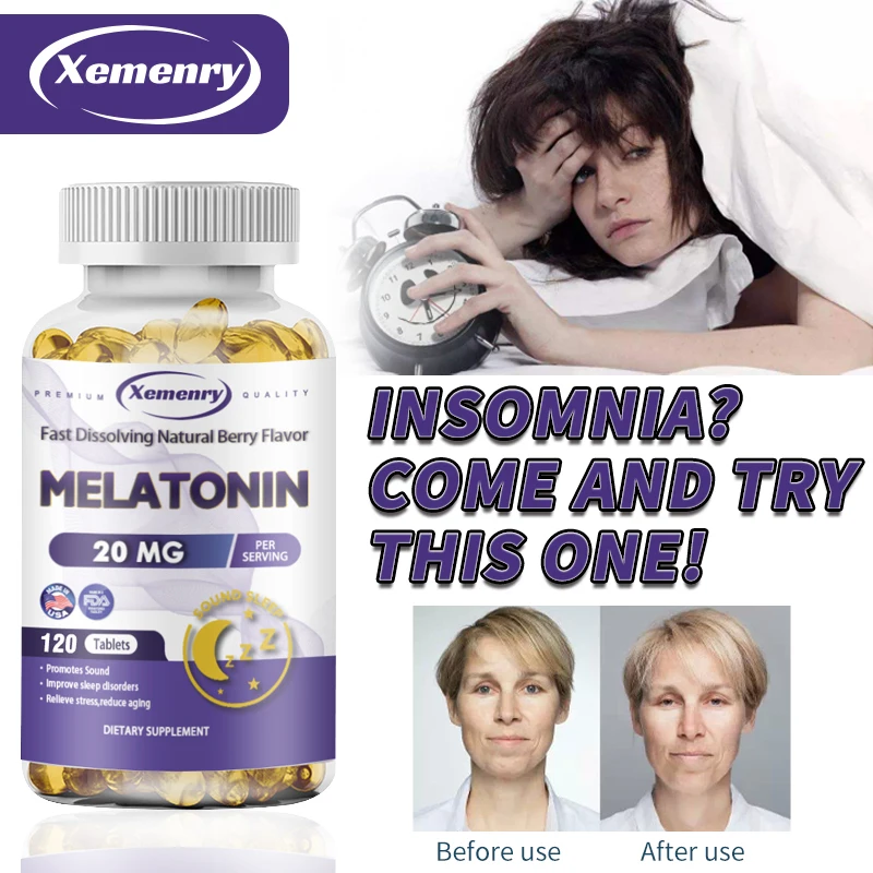 

Melatonin Softgels, Optimal Sleep Time Triple Action Calms The Mind and Helps You Fall Asleep Faster, 20 Mg, 120 Capsules