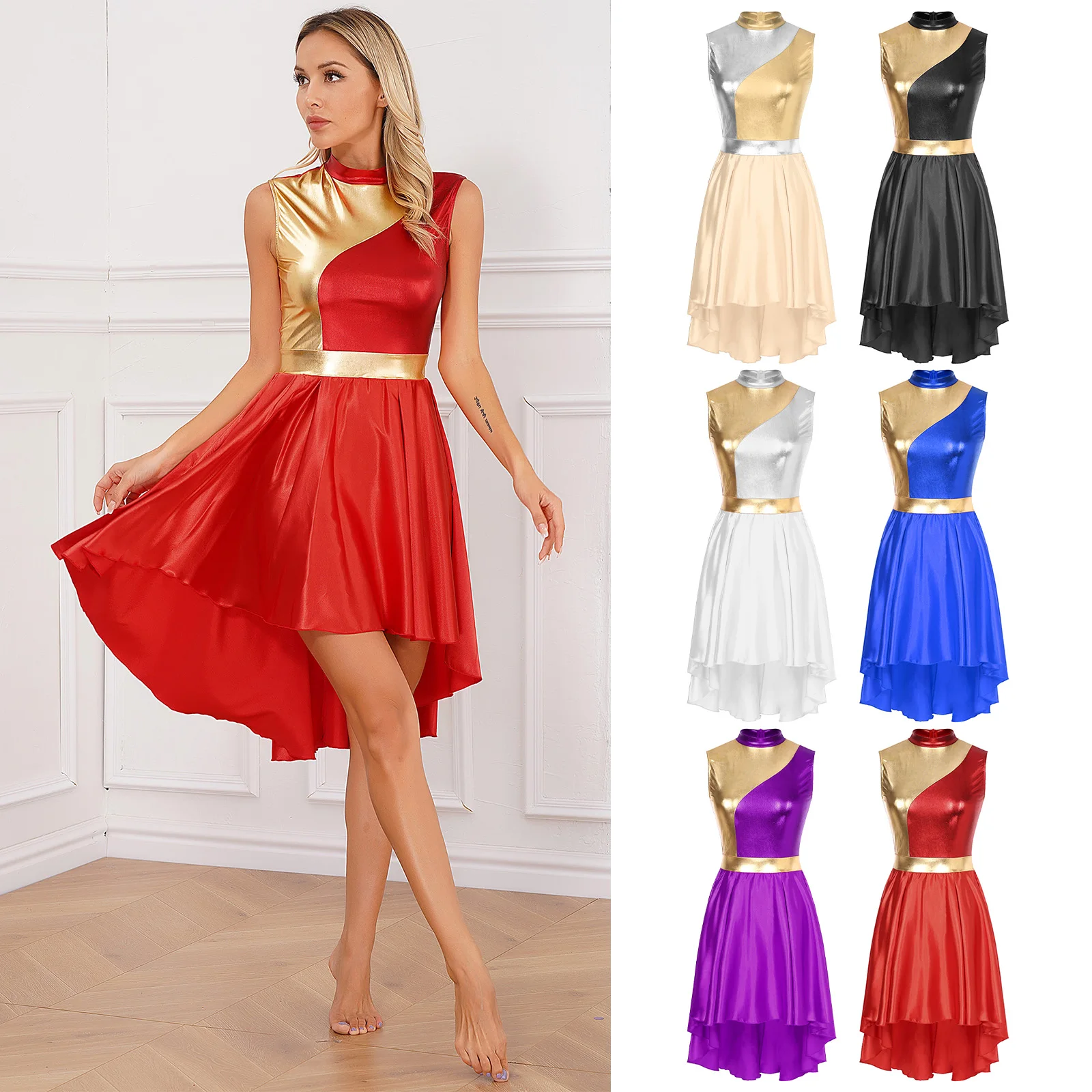 Womens Contemporary Lyrical Dance Dress Metallic Color Block Sleeveless Dresses Liturgical Modern Dance Performance Costume HOT