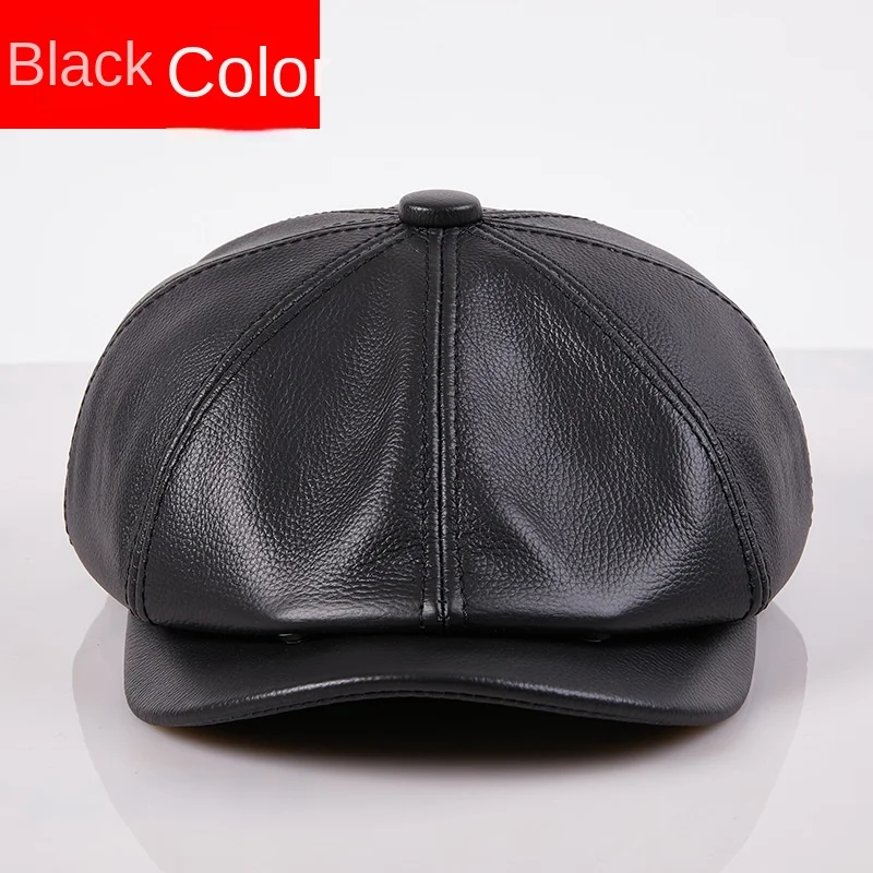 Cowhide Genuine Leather Retro Brown Men's Warm Cap - Spring/Winter Beret Style