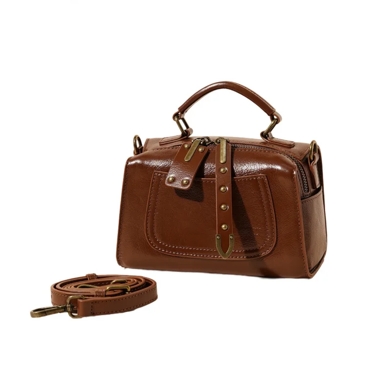 Spring and summer new genuine leather Boston fashion casual handbag tanned cowhide shoulder width women's bag