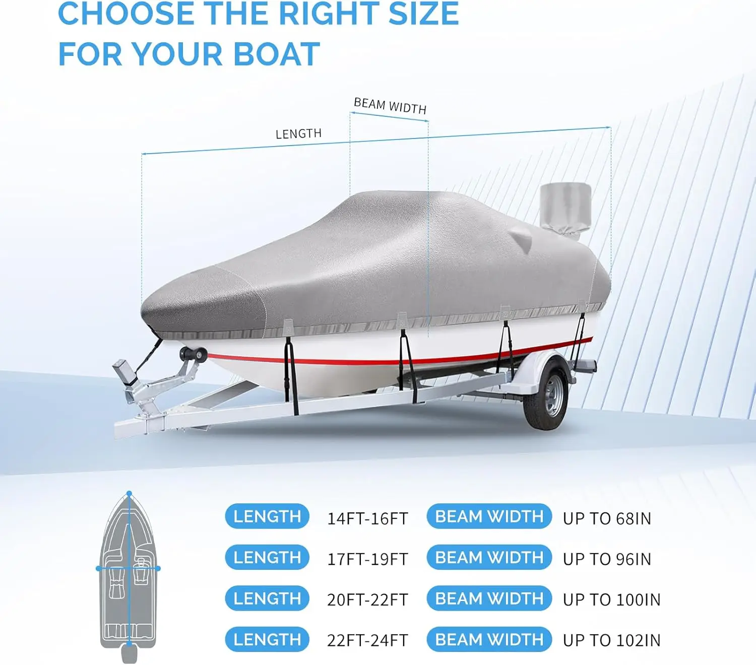 17'-19' Heavy Duty 1200D Polyester Canvas Trailerable Boat Covers, UV Resistant Waterproof Bass Boat Covers with Motor Cover
