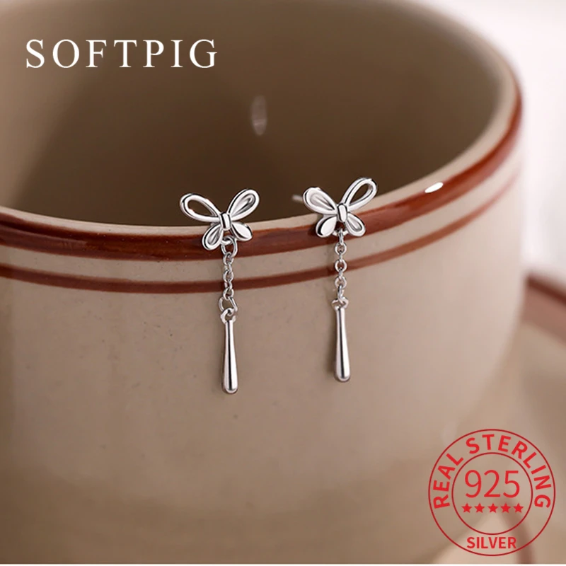 

SOFTPIG Real S925 Sterling Silver Bowknot Water Droplet Short Tassel Stud Earrings for Women Classic Fine Jewelry Accessories