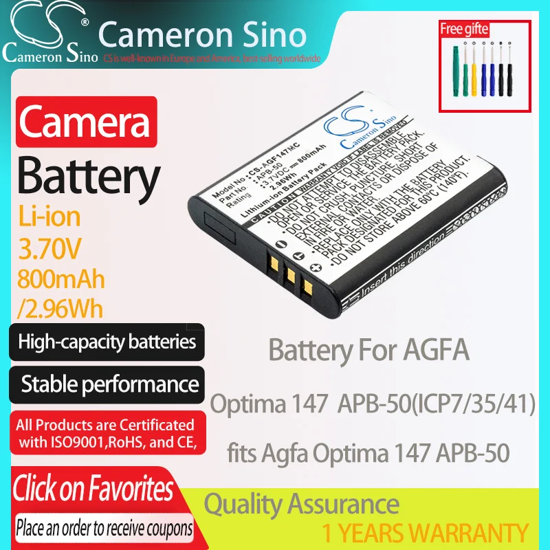 Batteria Cameronsino Per Agfa Optima 147 Apb-50(Icp7/35/41) Per Batteria Fotocamera Agfa Optima 147 Apb-50 800Mah 3.70V Li-Ion Nero