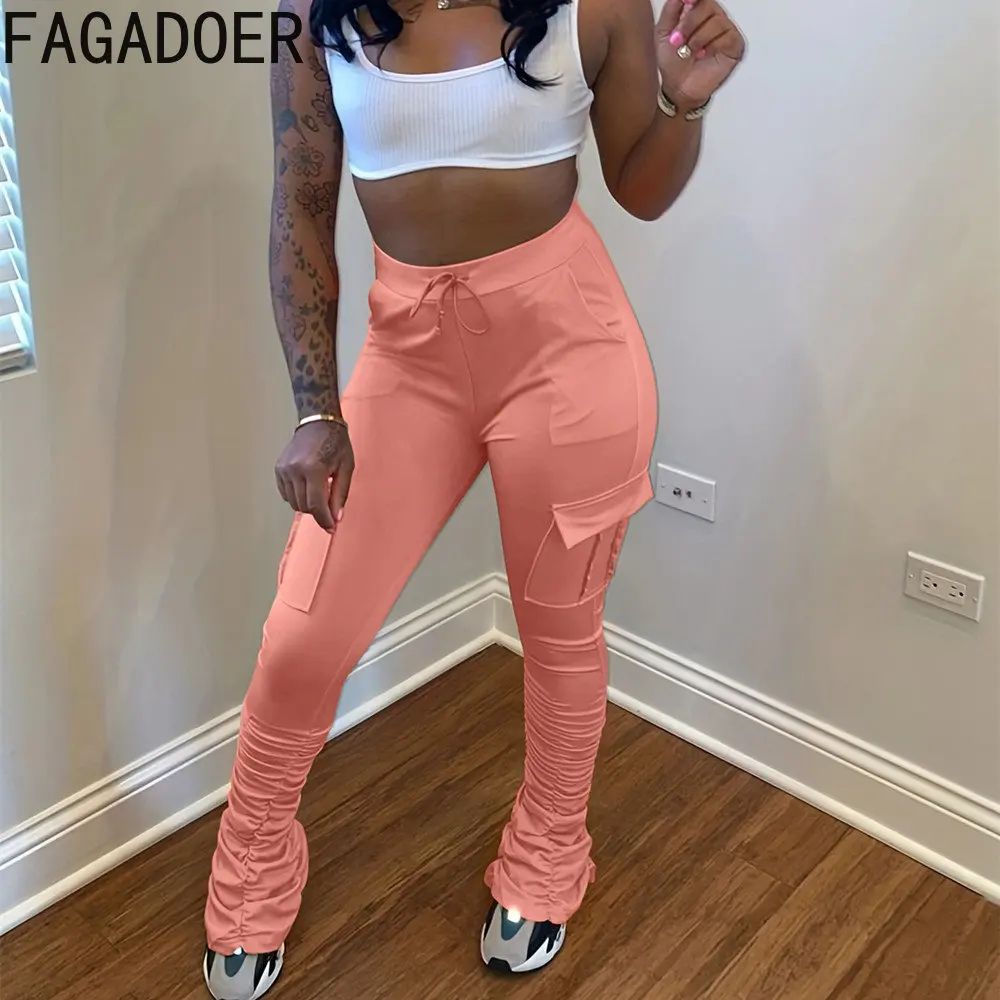 FAGADOER Casual Drawstring Solid Color Skinny Pants Women High Waisted Stacking Flare Bottoms Female With Pocket Sporty Clothing