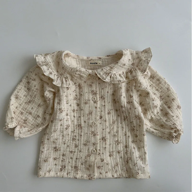 Baby girls blouse baby girls shirt Girl Baby Spring Thin Blouse Vintage Floral Shirt Sweet Peter Pan Collar Thin Coat Plaid Bottoming Cotton Tops