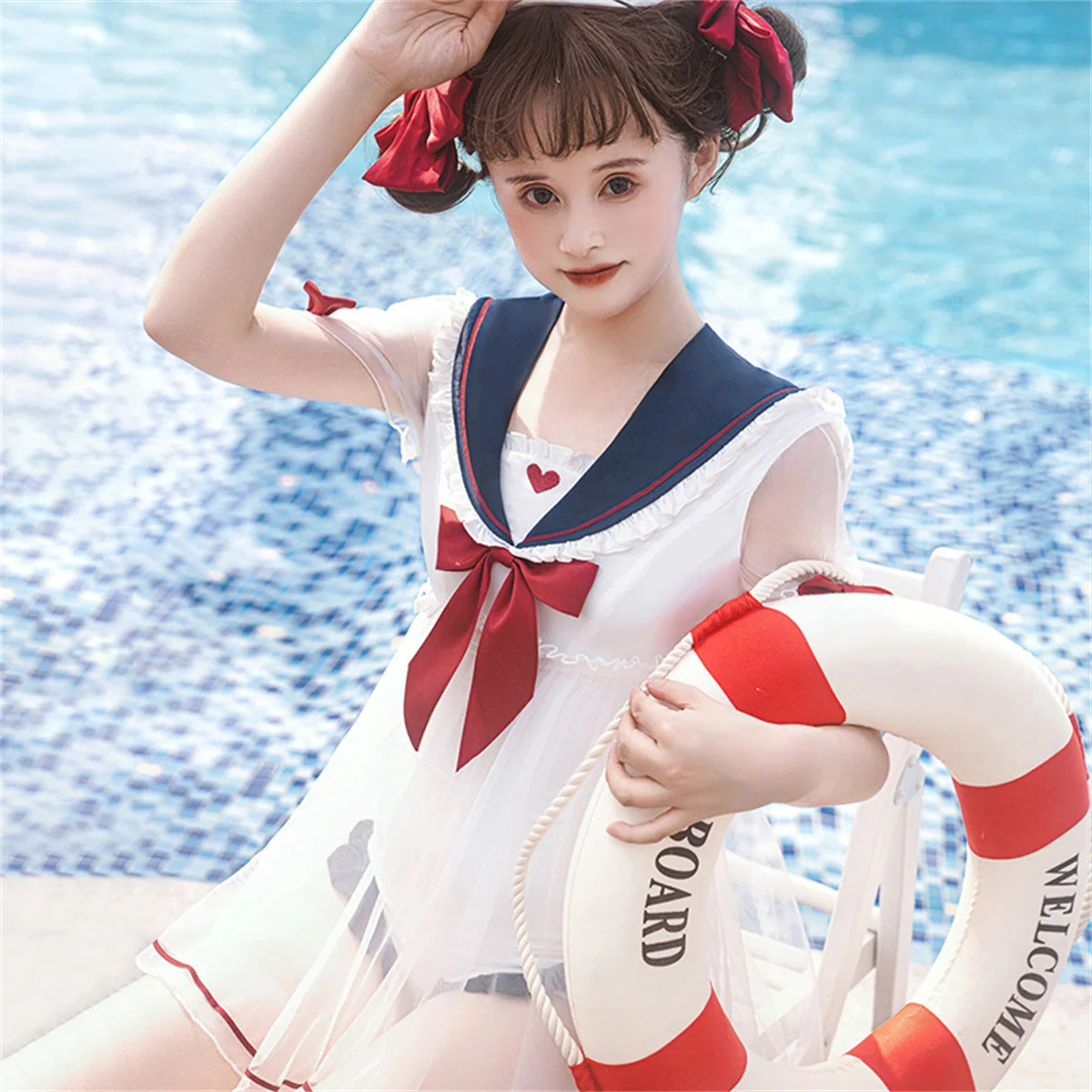 Japanese Cute Style OP Lolita Kawaii Loli Cosplay Sweet Girls Sailor Swimsuit Ruffled Ribbon Bow Mesh Love Stripe Dress
