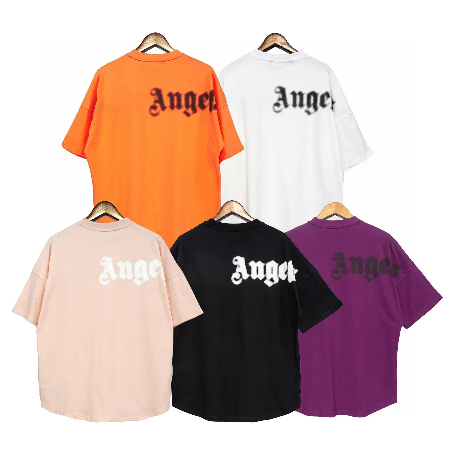 

PALMS ANGEL Fashion summer round neck back fuzzy letter orange loose shoulder casual shirt short sleeve t-shirt men and women