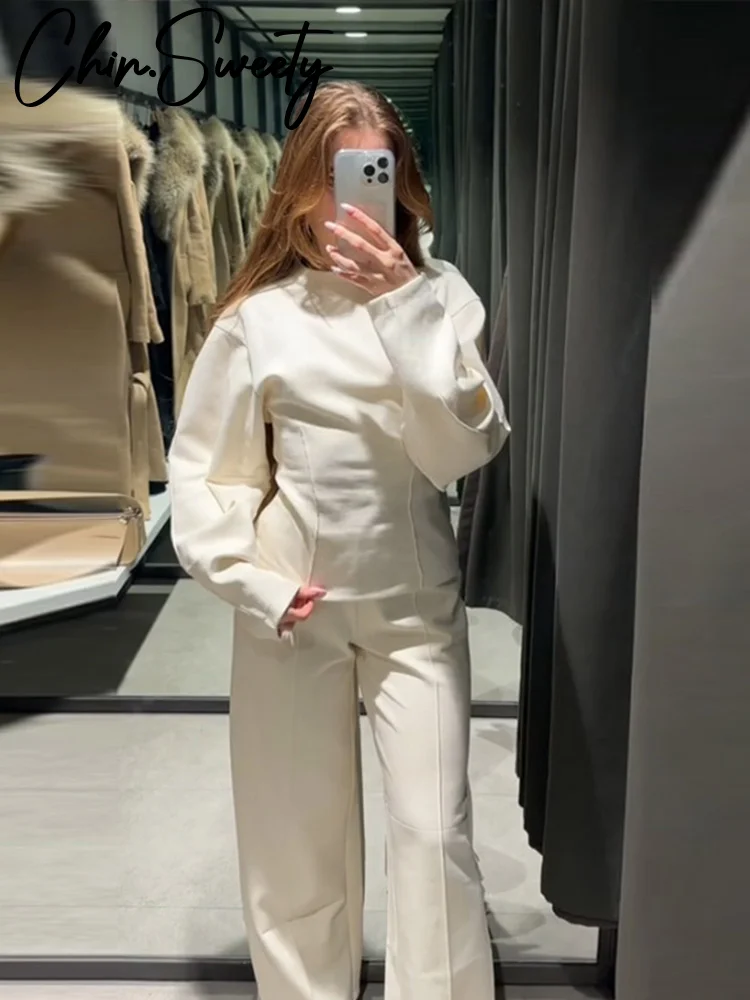 Elegant Solid Top Pants Women Set Long Sleeve O-neck Pleated Tops Wide Leg Trousers Suits 2024 Autumn Vacation Lady Suit 4