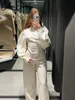 Elegant Solid Top Pants Women Set Long Sleeve O-neck Pleated Tops Wide Leg Trousers Suits 2024 Autumn Vacation Lady Suit 4