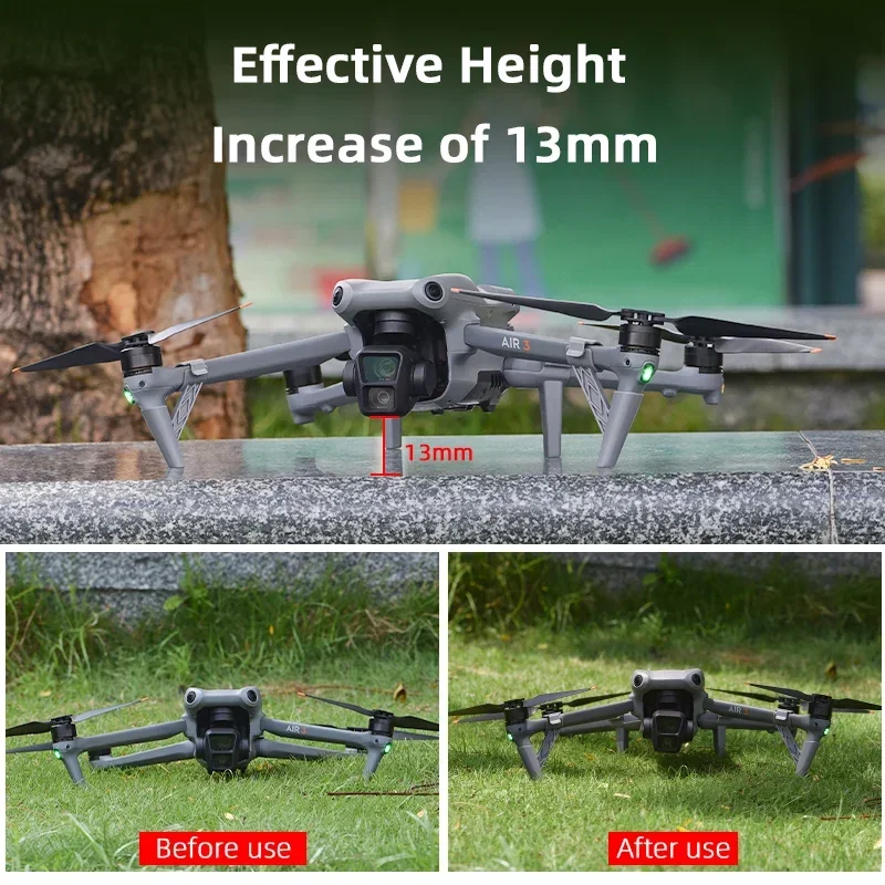 Drone DJI Air 3 posé sur herbe avec le train d'atterrissage rehaussé, assurant stabilité et protection en terrain irrégulier.