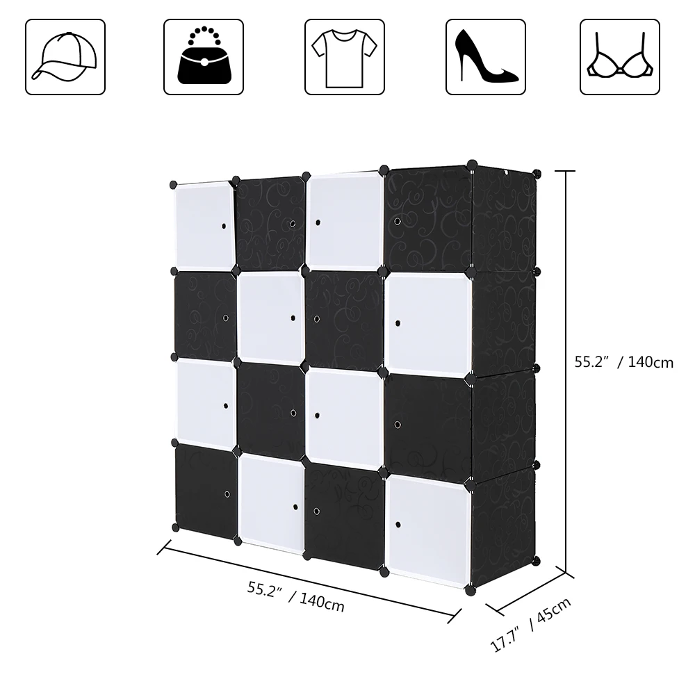 16 Cube Organizer Stackable Plastic Cube Storage Shelves Design Multifunctional Modular Closet Cabinet with Hanging Rod Black an 4