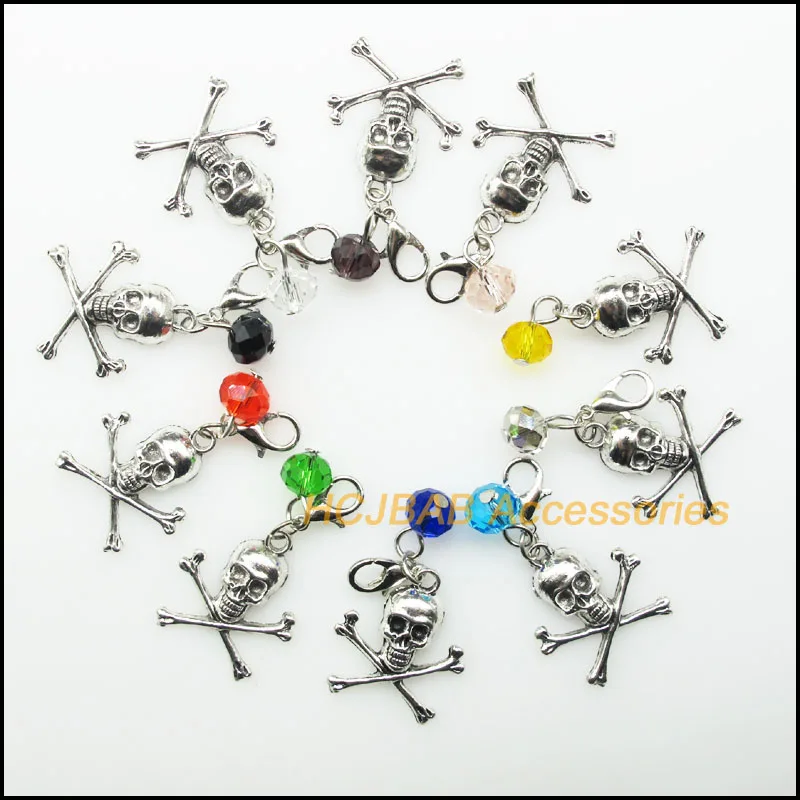 

10Pcs Mixed Round Crystal Antique Silver Color Skull Halloween with Clasp Charms Pendants 21x24mm