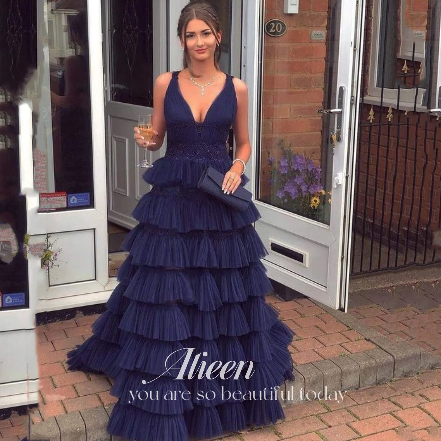 

Aileen V Neck Long Wedding Party Dress Women Elegant Luxury Layered New in Dresses for Prom Navy Blue Mesh Line A Evening Gown