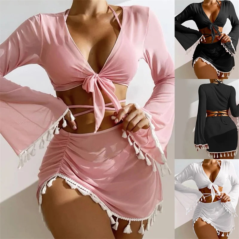 4 Piece Lace Up Triangle Halter Bikini Swimsuit Cover Up Top With Skirt Sexy Swimwear Women 2023 Bathing Swimming Suit Female