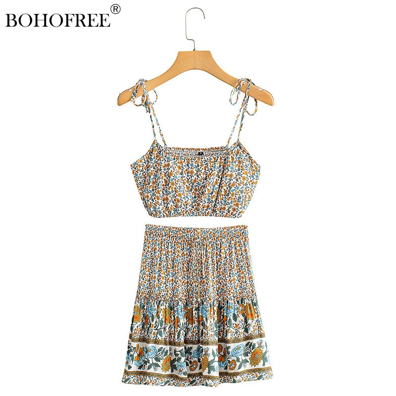 

Rayon Summer beach Printed sling Suit Bohemia Retro print skirt