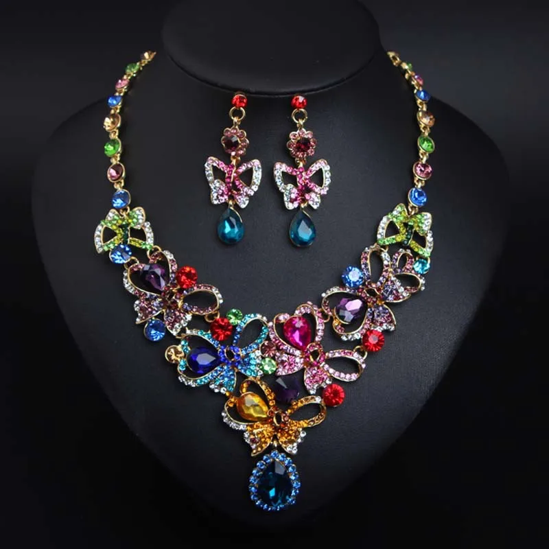 

Nigeria Crystal Butterfly Choker Rhinestone Necklace Earrings Set African Women Wedding Party Bridal Banquet Accessories Gifts