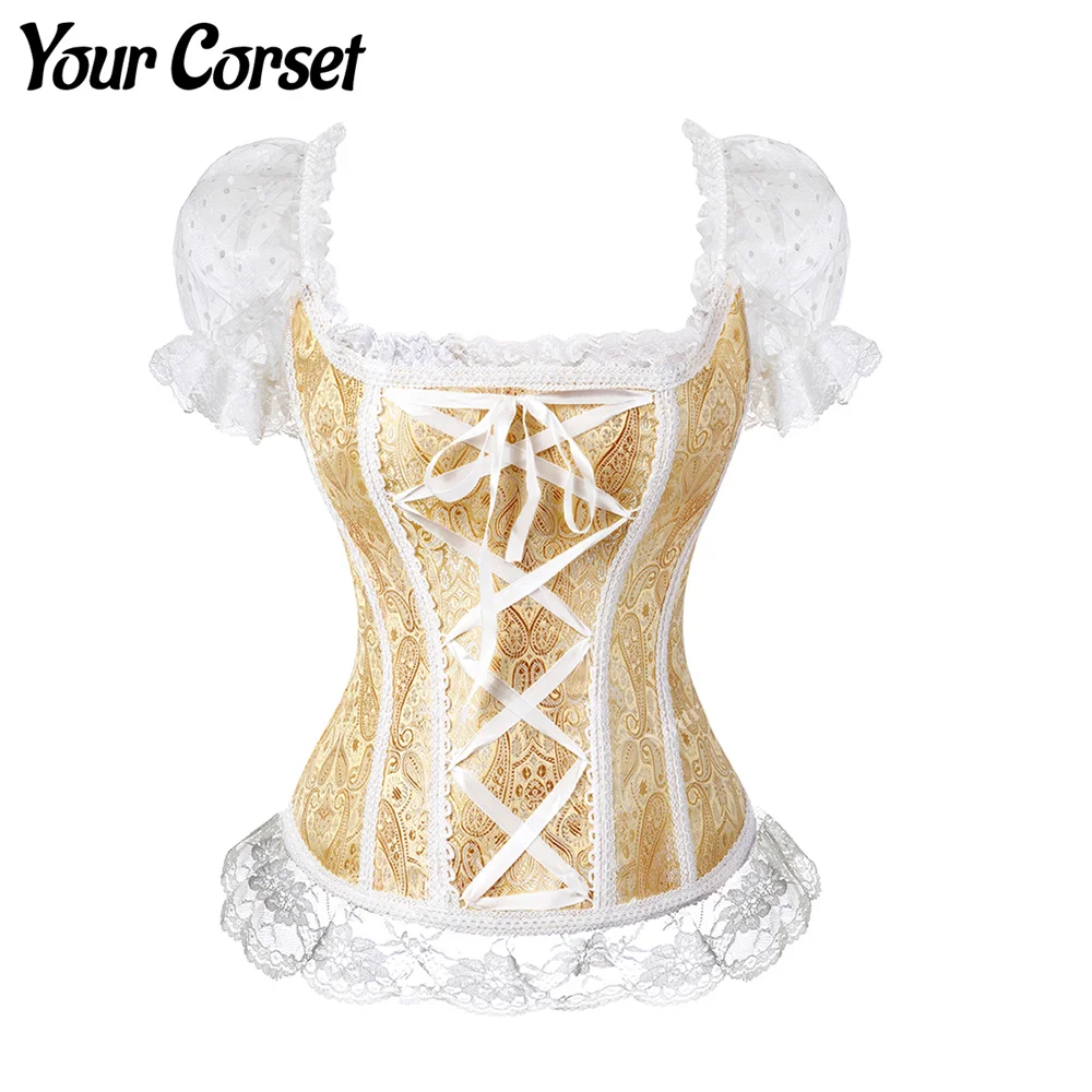 

Corset with Sleeves For Women Lace Corset Top Short Sleeve Plus Size Jacquard Floral Bustier Overbust Corset Gold