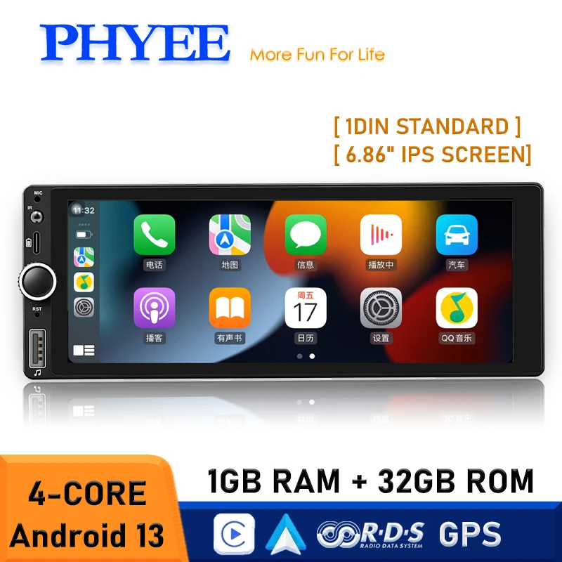 Radio para Auto Android con GPS, CarPlay Inalámbrico, Android Auto, Wifi, Bluetooth, Manos Libres, FM, RDS, USB, Pantalla IPS de 6.86 Pulgadas, Unidad Principal BD6021A 1
