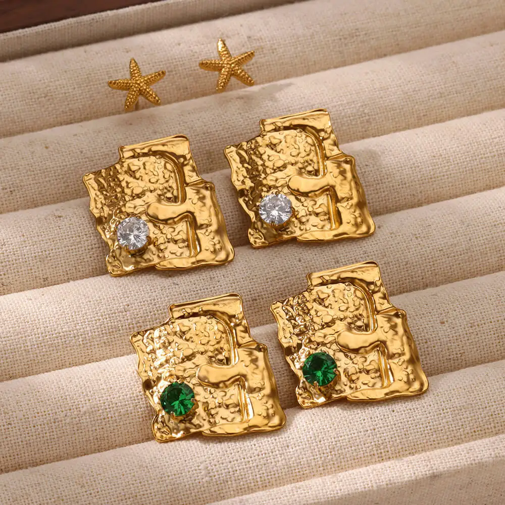 Zircon Irregular Texture Stud Earrings For Women Gold Color
