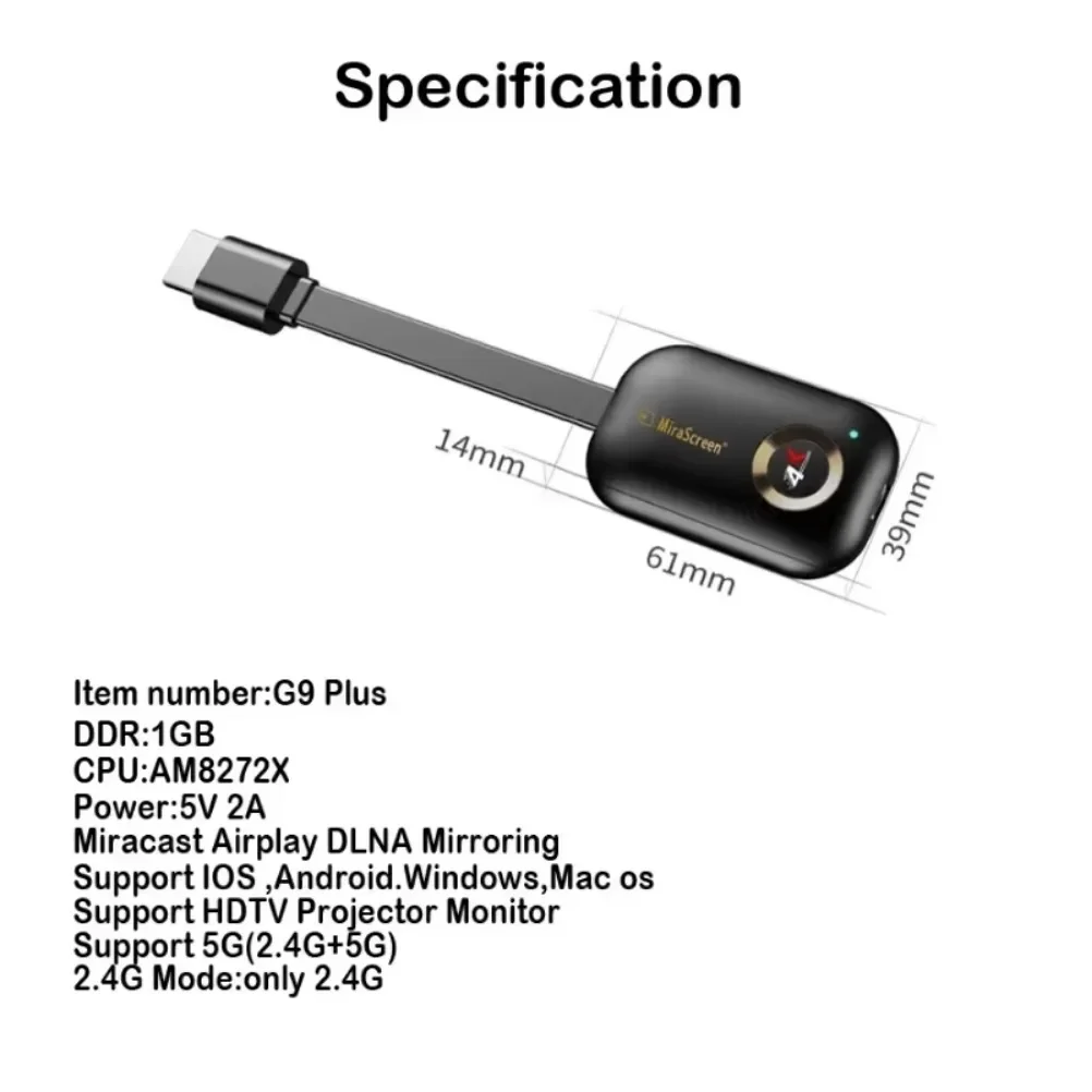 Mirascreen G9 Plus 2.4G/5G 4K Wireless H.265 Wifi Display Dongle Mirror Miracast Airplay DLNA Receiver for Projector HDTV