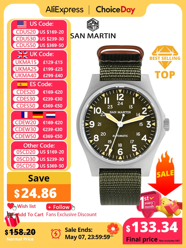 

San Martin Pilot Watch 38mm NH35 Retro Military Automatic Mechanical Wristwatch Bead Blasted Case Waterproof 100m Lum SN0137G