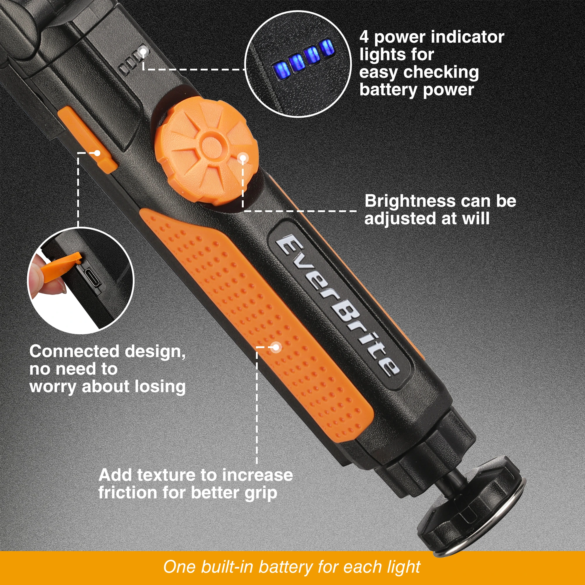 EverBrite 2 Pack LED Rechargeable Work Light 800LM COB Foldable Flashlight Magnetic Work Lights with Hanging Hook for Car Repair