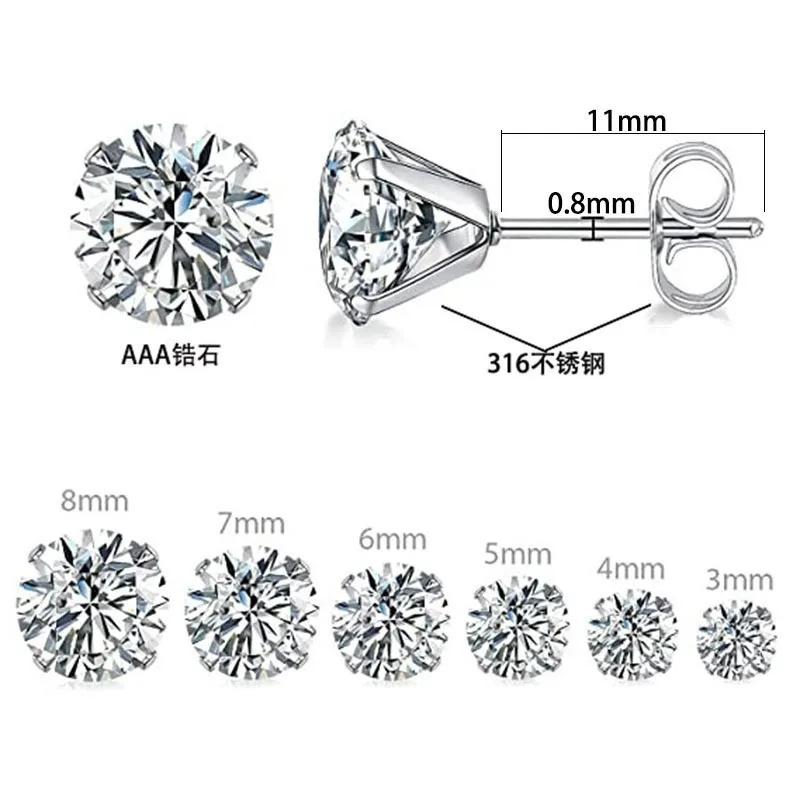 3/4/5/67/8mm runde aaa Zirkon Push-Back Ohr stecker 316l Edelstahl Nadel Kurz schmuck zur Auswahl